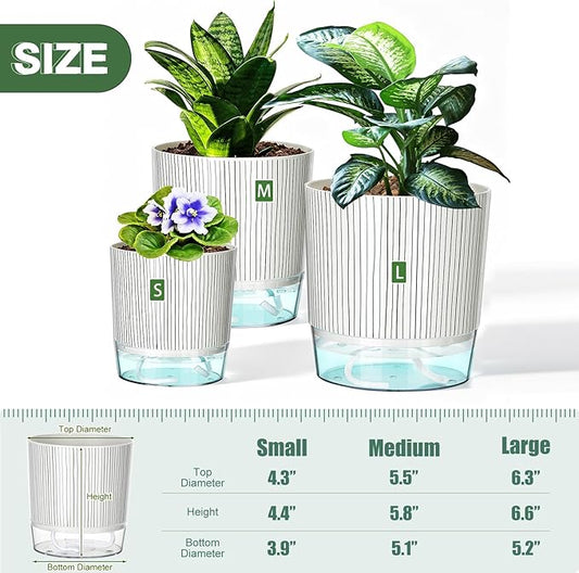 3 Pack Self Watering Pots for Indoor Plants, 4+5.5+6.3 Inch Self Watering Plant Pots, Flower Pots with Wick Rope and Reservoir - Black Stripes