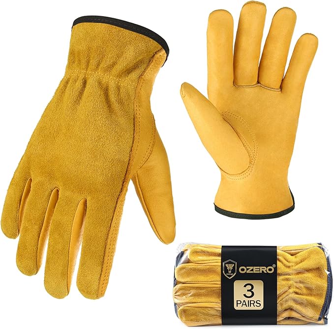 OZERO Leather Work Gloves for Men & Women,3 Pairs Genuine Cowhide Garden Gloves, Lab Tested EN388 2143X, Flexible Grip, Breathable Unlined Comfort, Elastic Wrist (Gold, X-Large)