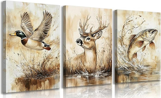 3Pcs Rustic Outdoor Wildlife Canvas Wall Art,Watercolor Deer Duck And Fish Wall Decor Pictures,Vintage Farmhouse Hunting Posters Prints,for Living Room Bathroom Kitche Home Decoration