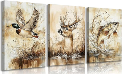 3Pcs Rustic Outdoor Wildlife Canvas Wall Art Watercolor Deer Duck And Fish Wall Decor Pictures Vintage Farmhouse Hunting Posters Prints for Living Room Bathroom Kitche Home Decoration