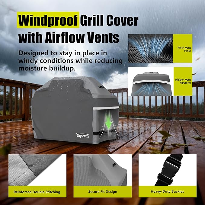 YSPACE Grill Cover 52 Inch Heavy Duty Waterproof, 7106 BBQ Gas Grill Cover with Reflective Strips & Buckle Straps, Fits Weber Spirit 300 Series, Spirit E-310 E-315 E-330, Char-Broil, Nexgrill