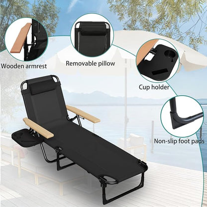 Foldable Chaise Lounge Chair Outdoor, 4-Position Reclining Outdoor Lounge Chairs with Wooden Armrest, Folding Sun Lounger with Removable Pillow for Garden Beach Patio Camp (Black with Canopy)
