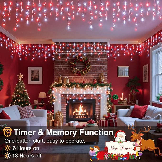 Icicle Christmas Lights Outdoor 33ft 400 LED Icicle Lights for Outside 8 Modes with 75 Drops, Waterproof Hanging Christmas Light Plug in for Indoor Outside Party Holiday Xmas Decorations, Red&White