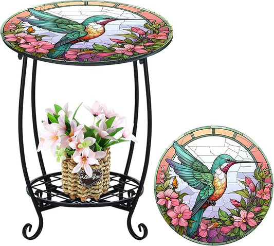 Cinnvoice Outdoor Side Table Round Small Mosaic Patio Accent Indoor End Plant Coffee Tea Table for Yard Patio Porch Garden Living Room, Bedroom(Hummingbird Style,18 Inch)