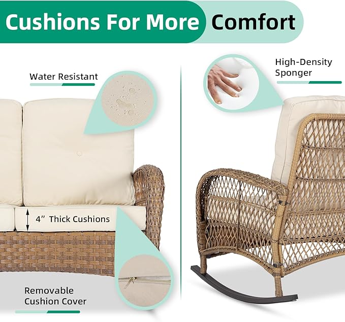 VIVIJASON Outdoor Wicker Loveseat Rocking Chair with Coffee Table, 2-Person Patio Rattan Rocker Sofa Set with Thick Cushions, All-Weather Loveseat Rocker for Porch, Backyard & Garden