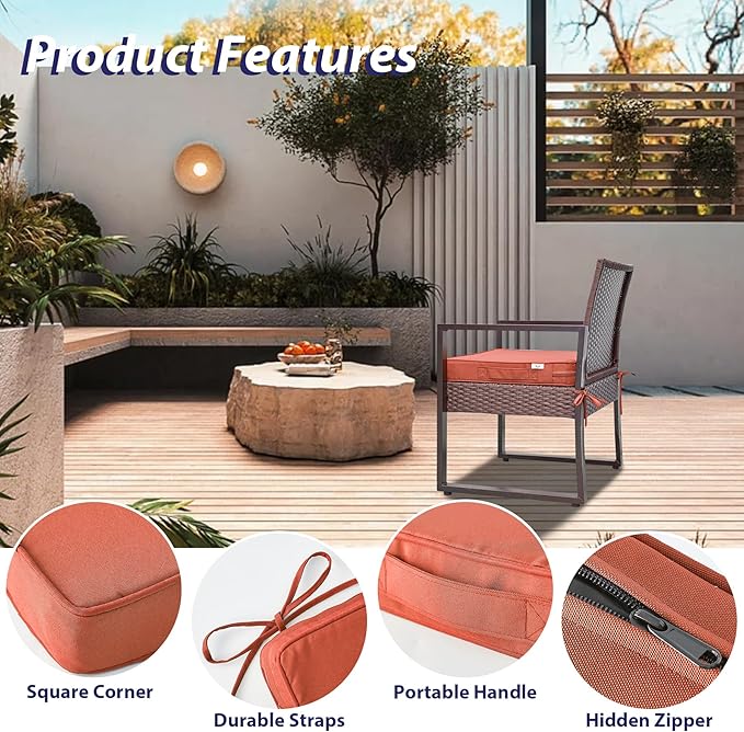 Outdoor Chair Cushions Set of 4 -Waterproof Outdoor Seat Cushions for Patio Furniture, Patio Chair Cushion with Handle and Ties, Square Out Door Chair Pads,18.5" x 16" x 3", Spice