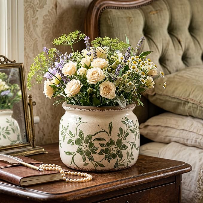 7.7" Large Vintage Ceramic Plant Pot Beige Green Farmhouse Peony Crackle Glaze Rustic Flowers Planter Pot with Drainage for Indoor Outdoor Plants Kitchen Office Shelf Home Decor Gift
