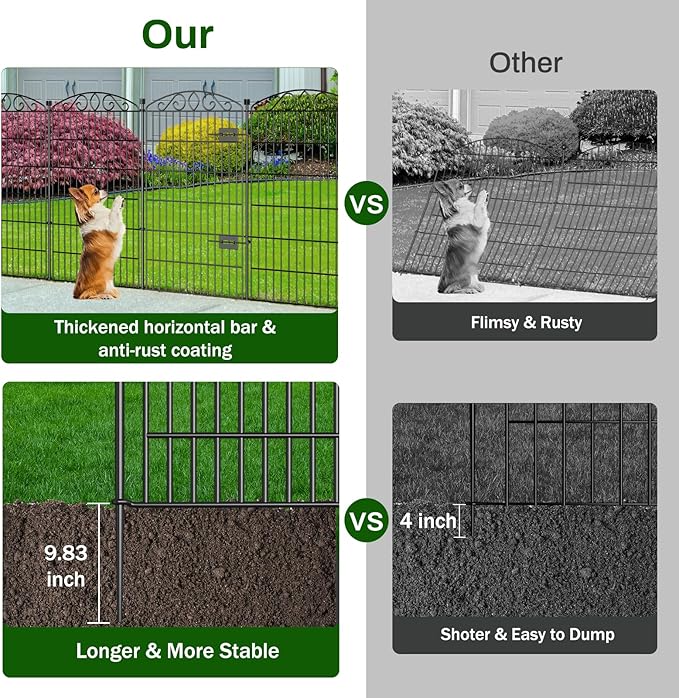 12 Panel No Dig Decorative Garden Fence with Gate - 42in H x 25.67 ft L, Tall Animal Barrier for Dogs Rabbits, Rustproof Metal Wire Panels for Yard, Patio, and Outdoor Border Use