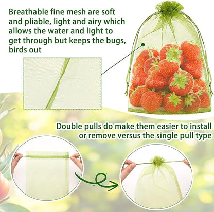 DECYOOL 120 PCS Fruit Protection Bags 8x12 inch, Green Fruit Bags for Fruit Trees Fruit Netting Cover Drawstring Mesh Bags Suit for Mangoes Tomatoes Fruit Trees Veggies Garden