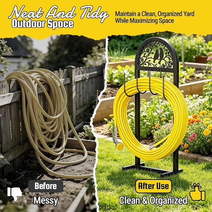 YQSLYSF Garden Hose Holder for Outside, Water Hose Reel Freestanding with 4 Stake, Heavy Duty Metal Hose Stand Storage Rack Holds 150Ft