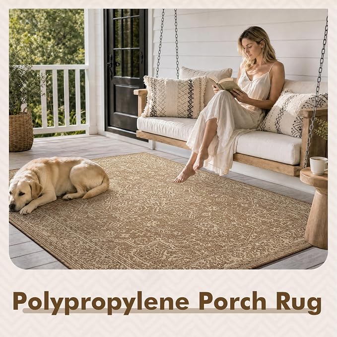 MontVoo-Outdoor Rug-Patio Rug 4x6 ft Polypropylene Indoor Outdoor Rugs Carpet for Patio Deck Balcony Porch,Textured Weave, Durable for High Traffic, Fade-Resistant, Vintage Medallion Neutral Brown