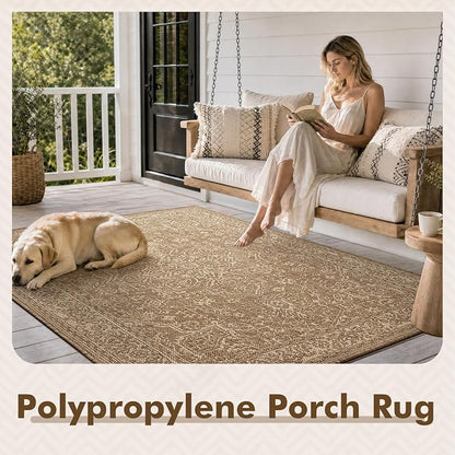 MontVoo-Outdoor Rug-Patio Rug 4x6 ft Polypropylene Indoor Outdoor Rugs Carpet for Patio Deck Balcony Porch,Textured Weave, Durable for High Traffic, Fade-Resistant, Vintage Medallion Neutral Brown