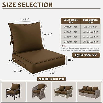 Premium Outdoor Seat Cushion Chair Cushions for Patio Furniture 24 L X 24 W X 5 H Waterproof & Fade Resistant Deep Seat and Backrest Cushion Set with Removable Covers for Chair, Sofa
