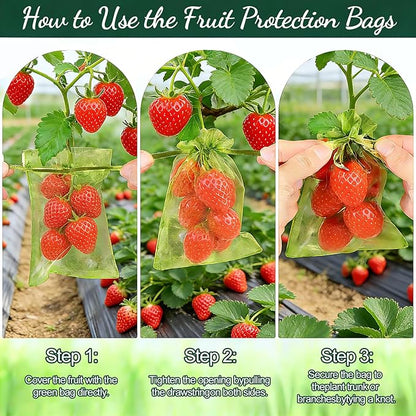 100Pcs Fruit Protection Bags, Green Drawstring Mesh Netting Covers, 3.9X5.9Inch Pest Barrier for Strawberry, Tomato, Blueberry & Small Fruits Vegetables Garden