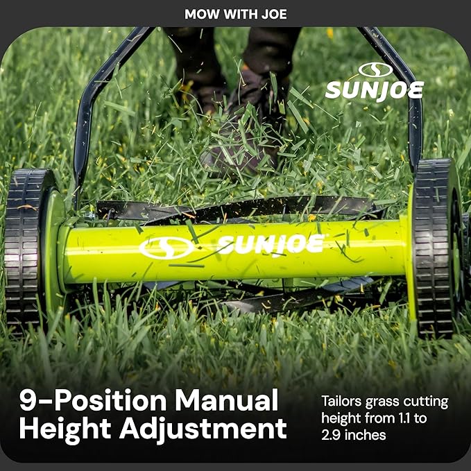 Sun Joe Manual Push Reel Lawn Mower with 9 Adjustable Positions, 14-Inch Cutting Width - Heavy-Duty Yard Trimming Machine for Gardening Care and Maintenance, MJ503M