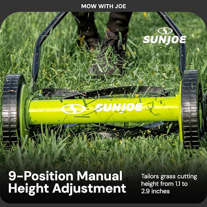 Sun Joe Manual Push Reel Lawn Mower with 9 Adjustable Positions, 14-Inch Cutting Width - Heavy-Duty Yard Trimming Machine for Gardening Care and Maintenance, MJ503M