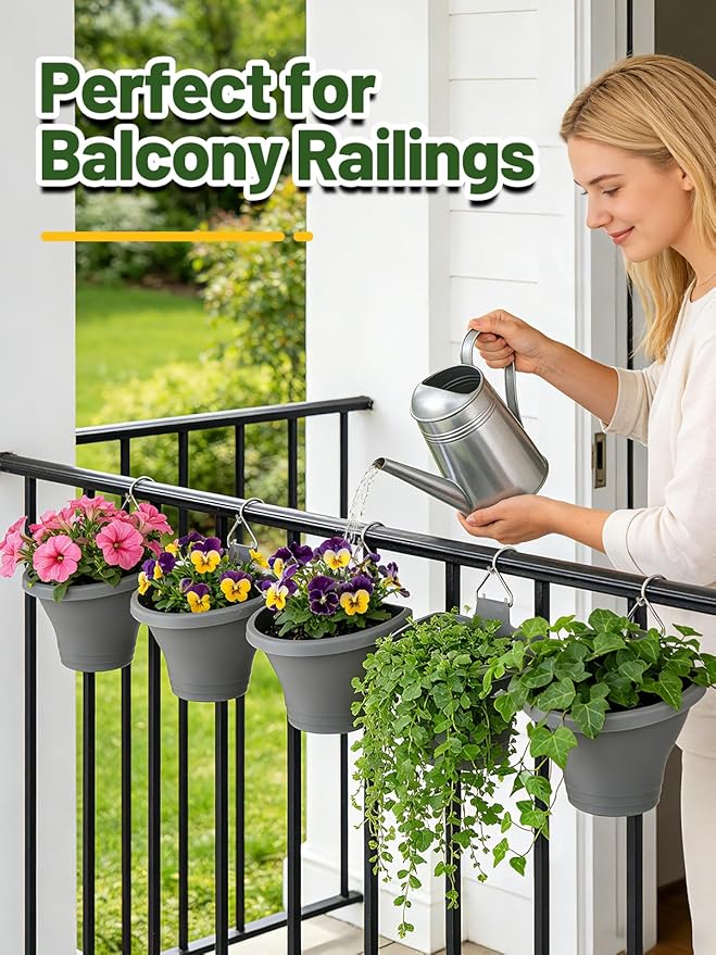 MADHOLLY 6Pcs Vertical Hanging Planters for Outdoor Plants - Wall Plant Holder for Indoor Decorations Garden Fence, Plastic Flower Pots with Drainage Grid and Hooks (Gray)