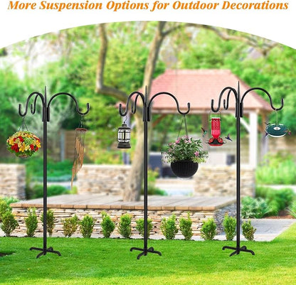 FEED GARDEN Heavy Duty Shepherds Hook 76" Triple Hooks - Metal 5-Prong Base, Adjustable (44/60/76") - 17lb Capacity Bird Feeder Pole for Hanging Plants, Solar Lanterns, Wind Chimes, 1 Pack