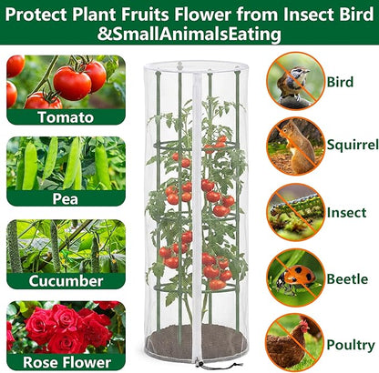 4 Pcs Garden Bird Netting Cover for Round Tomato Cage, 59" x 18" Tomato Trellis Insect Barrier Protection Mesh, Plant Cage Garden Net Cover with Zipper for Vertical Climbing Plants Vegetables Fruits