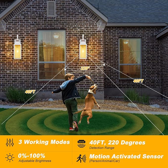 White Motion Sensor Outdoor Light, 16" Dusk to Dawn Outdoor Lighting, Exterior Wall Sconce Waterproof, Large Outside Lamps for House, Modern Wall Mount Porch Lanterns 3 Modes