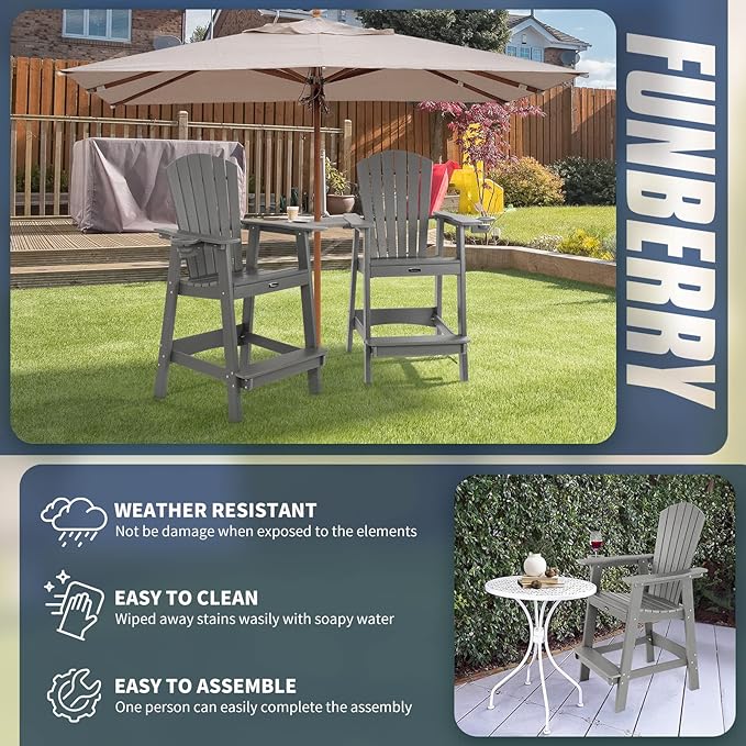 FUNBERRY Tall Adirondack Chairs Set of 2 with Removable Connecting Table, All Weather High Top Balcony Chair with Cup Holders