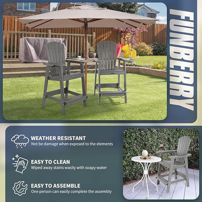 FUNBERRY Tall Adirondack Chairs Set of 2 with Removable Connecting Table, All Weather High Top Balcony Chair with Cup Holders
