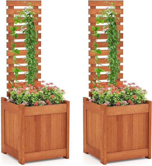 Giantex Wood Raised Garden Bed with Trellis Set of 2, Outdoor Planter Box w/Open-Ended Base for Climbing Plants, 18'' Planting Depth Freestanding Privacy Planters Trellis Planter for Patio, Backyard