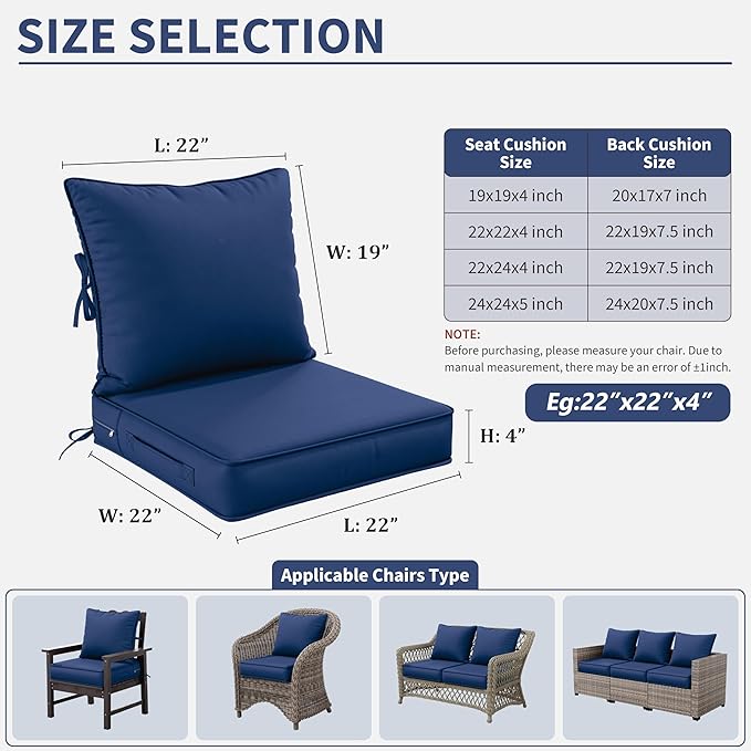 Premium Outdoor Seat Cushion Chair Cushions for Patio Furniture 22 L X 22 W X 4 H Waterproof & Fade Resistant Deep Seat and Backrest Cushion Set with Removable Covers for Chair, Sofa