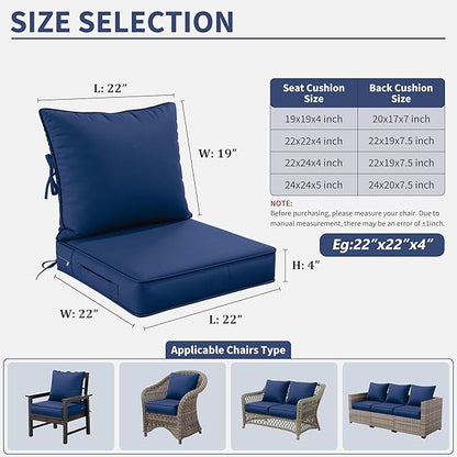 Premium Outdoor Seat Cushion Chair Cushions for Patio Furniture 22 L X 22 W X 4 H Waterproof & Fade Resistant Deep Seat and Backrest Cushion Set with Removable Covers for Chair, Sofa