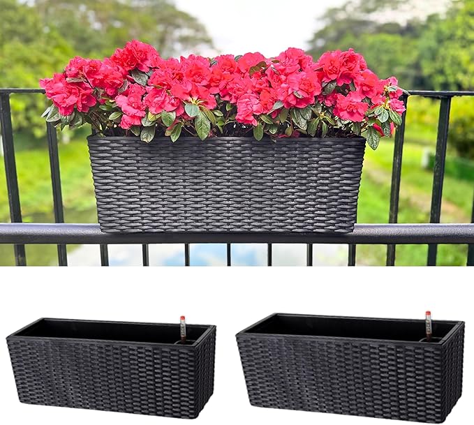 LaLaGreen Outdoor Rail Planter for Balcony (20 Inch, 2 Pack) Large Black Self Watering Deck Railings Planters with Brackets, Rectangular Plastic Fence Flower Box Designer Choice with Rattan Pattern