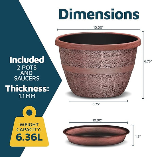 10-Inch Whiskey Barrel Planters Outdoor Pack of 2 - Durable Plastic Plant Pots for Indoor & Outdoor Use with Drainage & Saucer, Lightweight Rustic Barrel Planters for Flowers, Herbs & Small Plants