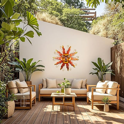 Outdoor Metal Wall Art Metal Sun Wall Art Decor 26 inch Large Outdoor Wall Art Hanging Decoration for Graden 3D Sun Face for Living Room Garden Yard Patio(Thread)