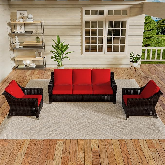 VistaVibe 3 Pieces Outdoor Patio Conversation Furniture Set - 78" 3-seat Sofa | 2 Wicker Chairs, Deep Seat Loveseat, Removable Cushions, Hand-Woven PE Rattan Couch, Balcony (Brown/Red)