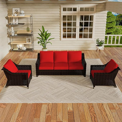VistaVibe 3 Pieces Outdoor Patio Conversation Furniture Set - 78" 3-seat Sofa | 2 Wicker Chairs, Deep Seat Loveseat, Removable Cushions, Hand-Woven PE Rattan Couch, Balcony (Brown/Red)