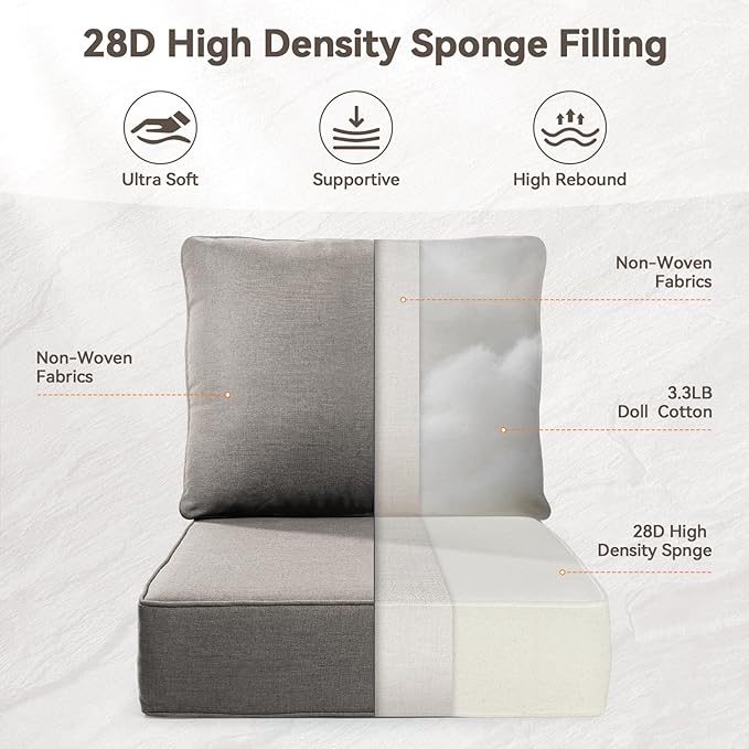 Luxury 6" Outdoor Cushions for Patio Furniture, 24x24x6" Thick Seat Cushion Set of 5, Fade Resistant Couch Chair Replacement Cushions High Density Deep Wicker Chair Cushion w/ Removable Cover Gray