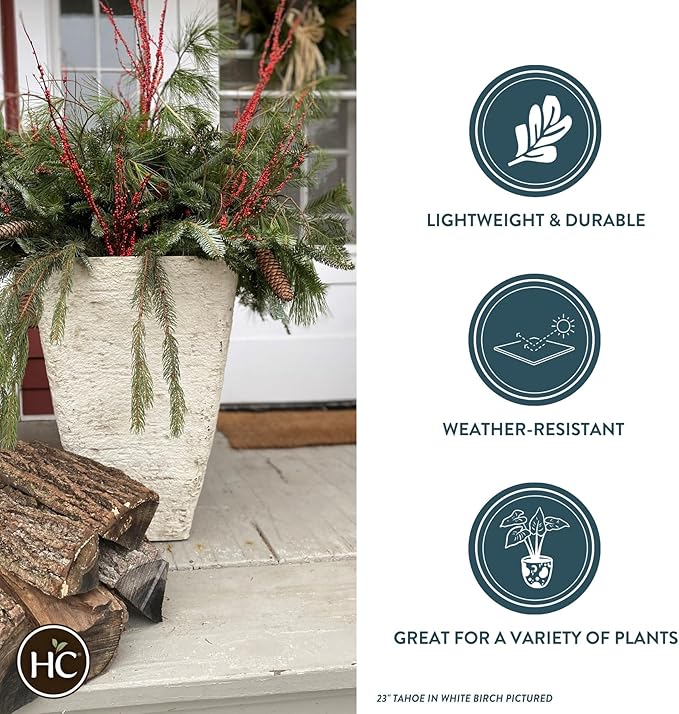 The HC Companies Tahoe Tall Square Planter - Weather-Resistant Indoor & Outdoor Plant Pot - Premium Decorative Planter Made from Crushed Stone Resin (16”H, White Birch, Pack of 1)