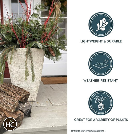 The HC Companies Tahoe Tall Square Planter - Weather-Resistant Indoor & Outdoor Plant Pot - Premium Decorative Planter Made from Crushed Stone Resin (16”H, White Birch, Pack of 1)