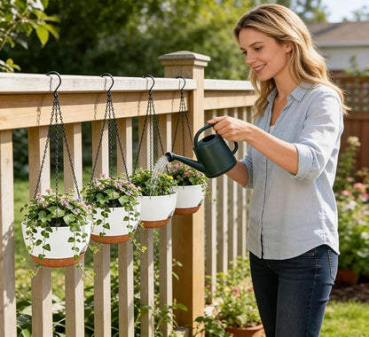Set of 2-8 Inch Self Watering Hanging Planters for Indoor Outdoor，Hanging Plant Pots with Drainage & Removable Tray, Hanging Pots Holder for Ivy, Pothos, Ferns, Balcony & Patio, White Brown