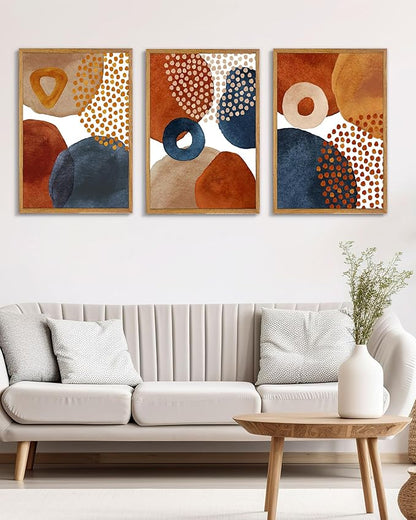 UPWOIGH Large Framed Canvas Wall Art, Set of 3 Watercolor Decor in Navy Blue, Terracotta, Burnt Orange, Beige, 16x24in Minimalist Natural Cotton Posters, Boho Modern Aesthetic for Living Room, Bedroom