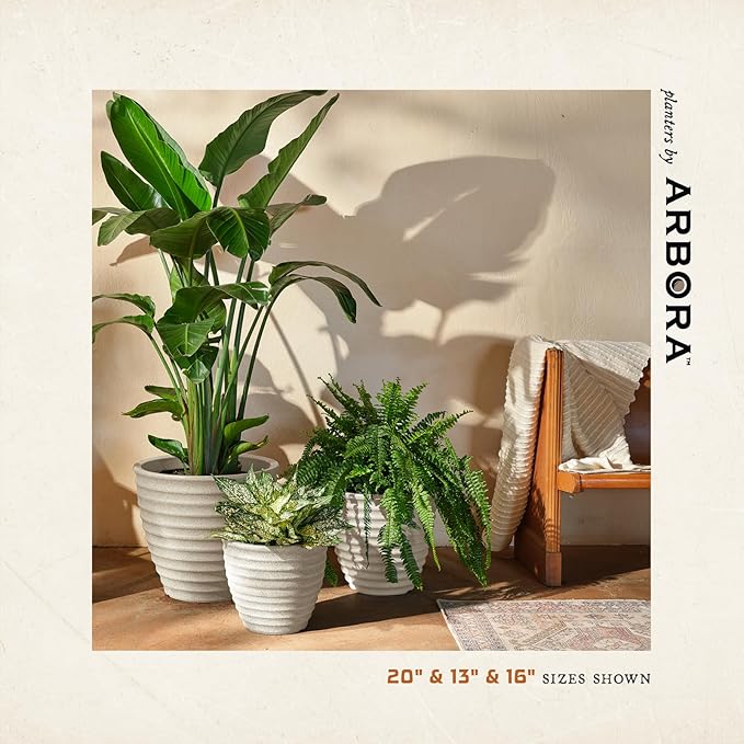ARBORA 16" Ibiza Polyresin Indoor and Outdoor Planter with Classic Cream Finish - Durable, Weatherproof, Lightweight, Large Plant Pot for Patio, Garden, Deck, Entryway - 2 Pack