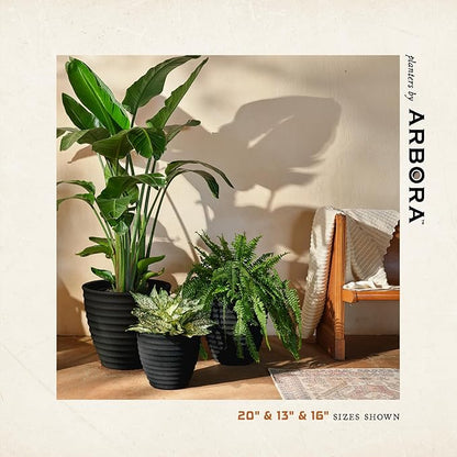 ARBORA 16" Ibiza Polyresin Indoor and Outdoor Planter with Classic Black Finish - Durable, Weatherproof, Lightweight, Large Plant Pot for Patio, Garden, Deck, Entryway - 2 Pack