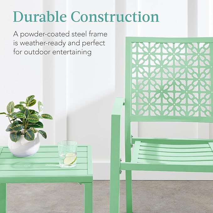 Best Choice Products 3-Piece Outdoor Bistro Set, Stackable Modern Steel Furniture for Porch, Garden w/ 2 Chairs, Table, Geometric Decor - Mint Green