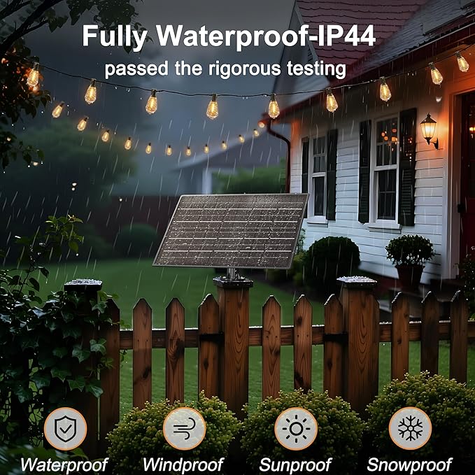 BLIATLUS 100FT Super Bright Solar String Lights Outdoor Waterproof with Remote Control 30+2 Shatterproof LED ST38 Bulbs for Porch Garden Market Bistro Patio Backyard Fence