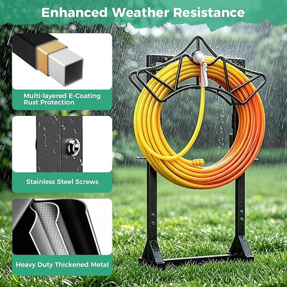 Garden Hose Holder Holds 160Ft Hoses, Heavy-Duty Freestanding Water Hose Stand with 2 Tool Hooks, Rustproof Hose Rack with 4 Spikes Hose Hanger Storage for Outside, Yard, Lawn