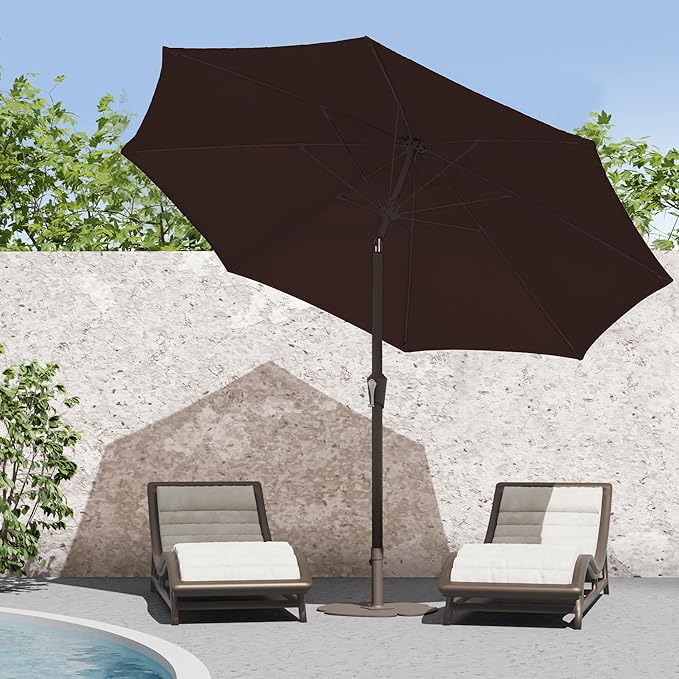 PatioKingdom 9FT Patio Outdoor Umbrella-UPF 50+ Sun Shade with Wind Vent, Push-Button Tilt & Smooth Crank Lift, Rust-Resistant Fiberglass Frame for Garden, Backyard,Yard (Brown, 9FT)