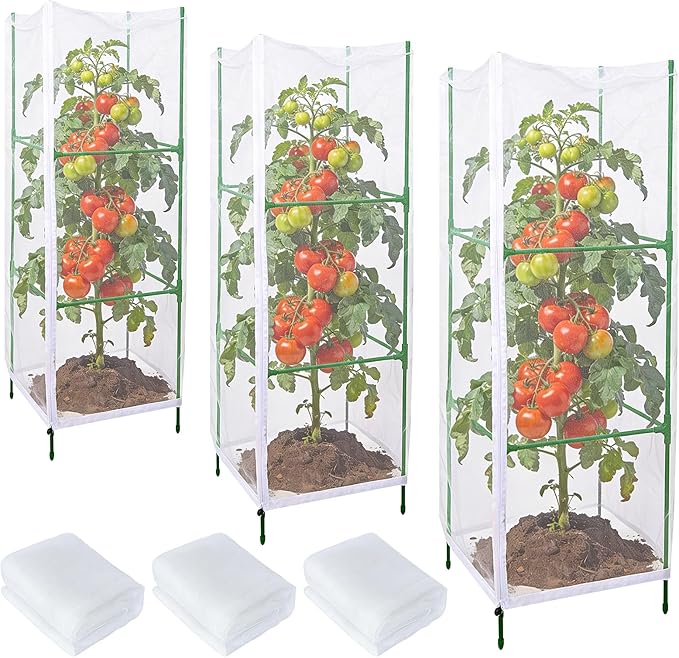 3 Pcs Garden Bird Netting Plant Cover for Square Tomato Cage, 55"×19.7" Garden Bird Insect Netting with Zipper & Drawstring Netting for Vertical Climbing Plants,Vegetable and Flower (No Cage)