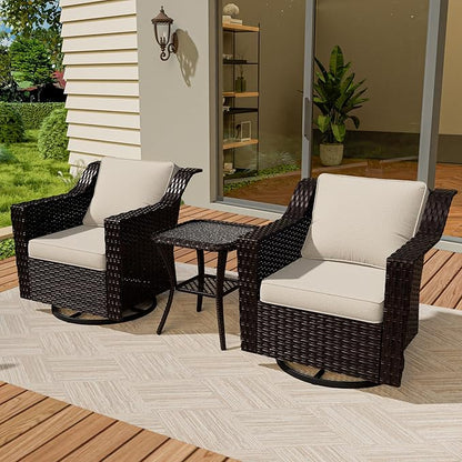 VistaVibe 3 Pieces Outdoor Patio Conversation Furniture Set - 360 Degree Swivel Glider Rocker Chairs | Wicker End Table, Washable Cushions, Hand-Woven PE Rattan, Lawn, Sunroom (Brown/Beige)