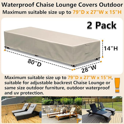 Outdoor Chaise Lounge Cover 2 Pack Patio Lounge Chair Covers Waterproof 600D Weather Resistant Material, UV Protection, Windproof Design Outside Furniture Covers 80" x 28" x 14" H,Beige