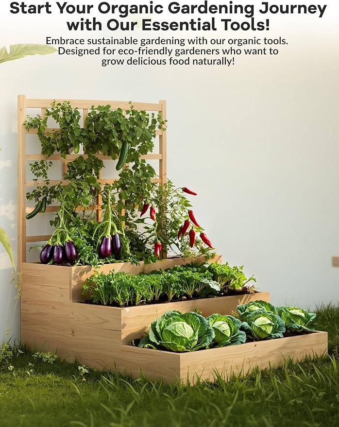 GarveeLife 3 Tier Raised Garden Bed with Trellis, Wooden Vertical Planters with Open-Ended Base for Climbing Plants Vines Flower Herb Vegetable Fruit, Outdoor Planter Boxes for Patio Yard Lawn