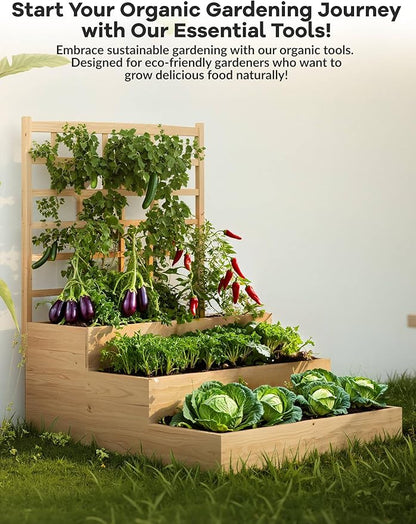 GarveeLife 3 Tier Raised Garden Bed with Trellis, Wooden Vertical Planters with Open-Ended Base for Climbing Plants Vines Flower Herb Vegetable Fruit, Outdoor Planter Boxes for Patio Yard Lawn